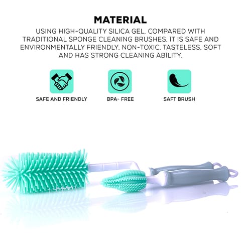BAYBEE Plastic Silicone Bottle Cleaning Brush For Baby Feeding Bottle, Hangable & Portable Cup Brush Cleaning Kit With Bottle Brush, Straw Brush, Nipple Brush (Green)