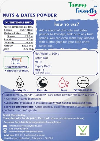 TummyFriendly Foods Premium Nuts and Dates Powder |Healthy Fat Natural Sweetener (100g each pack)