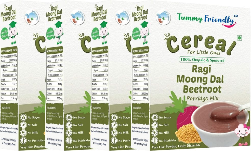 TummyFriendly Foods Organic Sprouted Ragi, Moong Dal, Beetroot Porridge Mix | 800g, (200g each pack)