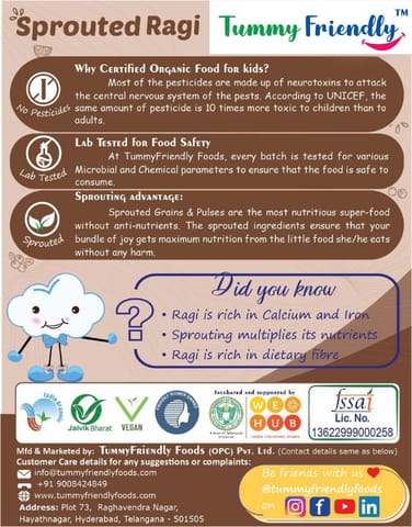 TummyFriendly Foods Organic Sprouted Ragi Porridge Mix, 800g, (200g each pack)