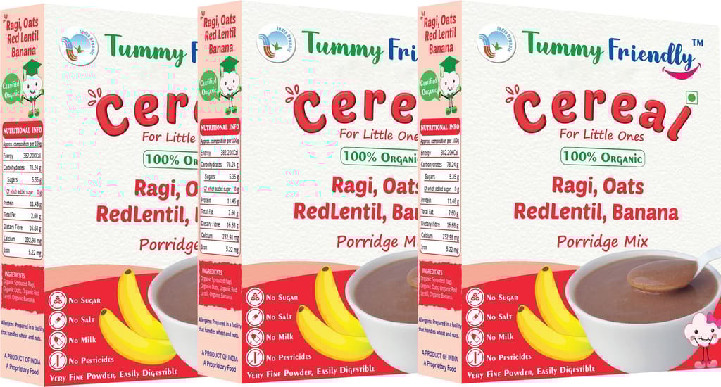 TummyFriendly Foods Organic Sprouted Ragi,Oats, Red Lentil, Banana Prdge Mix|600g,(200g each pack)