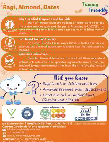 TummyFriendly Foods Organic Sprouted Ragi, Almond, Dates Porridge Mix | 400g, 200g each pack