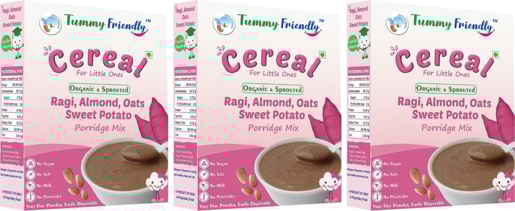 TummyFriendly Foods Organic Sprouted Ragi, Almond,Oats, SweetPotato Prdge Mix|600g, (200g each pack)