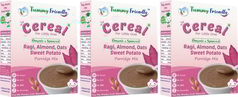 TummyFriendly Foods Organic Sprouted Ragi, Almond,Oats, SweetPotato Prdge Mix|600g, (200g each pack)