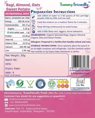 TummyFriendly Foods Organic Sprouted Ragi, Almond,Oats, SweetPotato Prdge Mix|600g, (200g each pack)