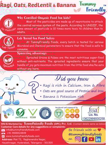 TummyFriendly Foods Organic Sprouted Ragi,Oats, Red Lentil,Banana Prdge Mix|400g, (200g each pack)