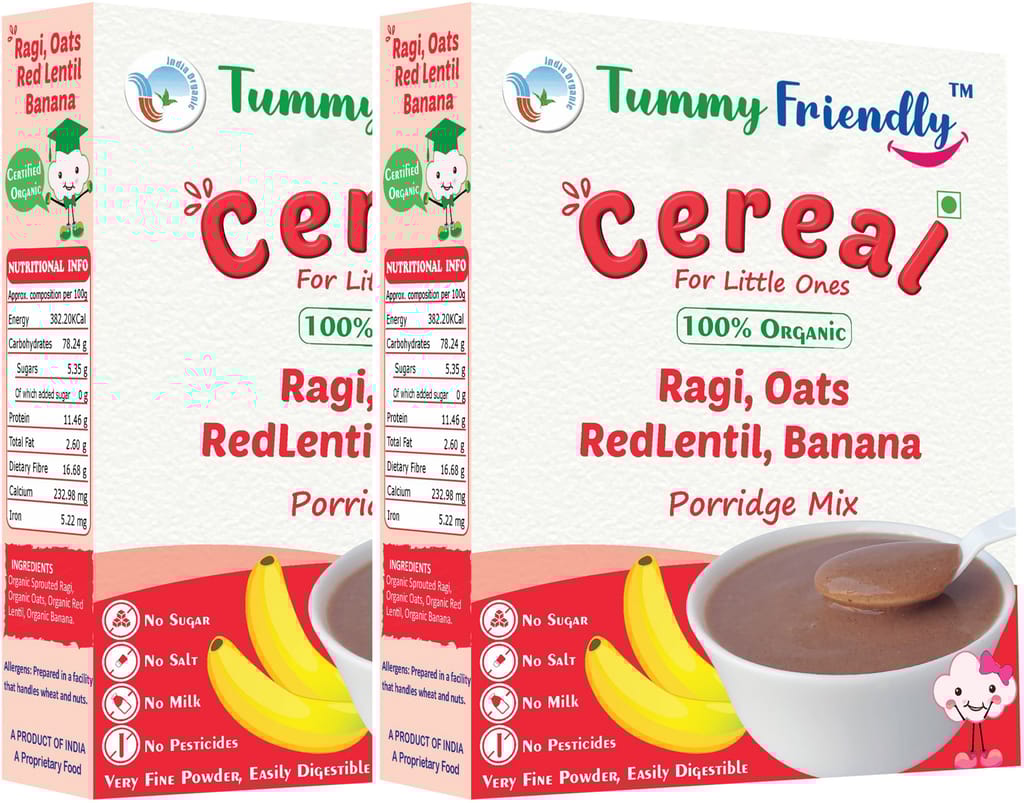 TummyFriendly Foods Organic Sprouted Ragi,Oats, Red Lentil,Banana Prdge Mix|400g, (200g each pack)