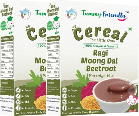 TummyFriendly Foods Organic Sprouted Ragi Moong Dal Beetroot Porridge Mix | 400g, (200g each pack)