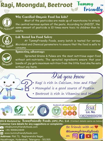 TummyFriendly Foods Organic Sprouted Ragi Moong Dal Beetroot Porridge Mix | 400g, (200g each pack)