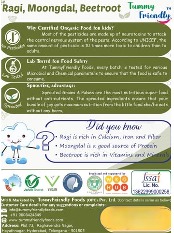 TummyFriendly Foods Organic Sprouted Ragi, Moong Dal, Beetroot Porridge Mix | 600g, (200g each pack)