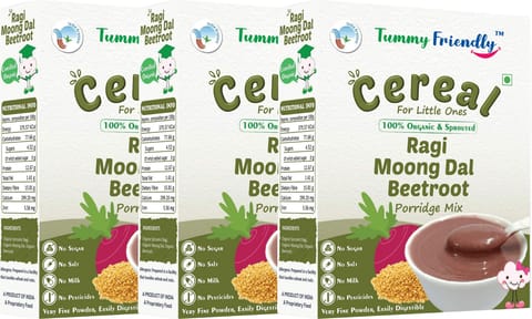 TummyFriendly Foods Organic Sprouted Ragi, Moong Dal, Beetroot Porridge Mix | 600g, (200g each pack)