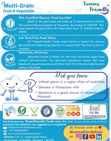 TummyFriendly Foods Organic Sprouted Multi Grain Fruit Vegetable Porridge Mix|600g (200g each pack)