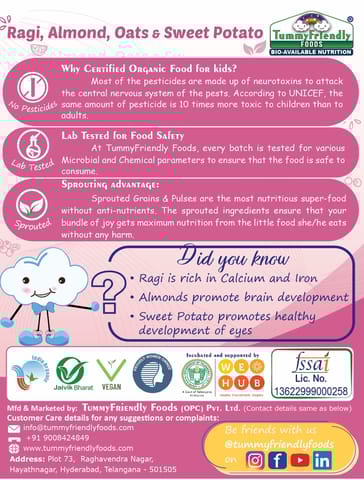 Tummy Friendly Foods Certified Organic Sprouted Ragi, Almond, Oats, Sweet Potato Porridge Mix | Made of Sprouted Whole Grain Ragi | Rich in Calcium, Iron, Healthy-Fat, Fibre & Micro-Nutrients |200g Cereal (200 g)