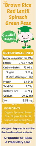 Tummy Friendly Foods Certified Organic Sprouted Brown Rice, Red Lentil, Spinach, Green Peas Porridge Mix | Excellent Weight Gain Baby Food| Made of Sprouted Brown Rice | 200g Cereal (200 g)
