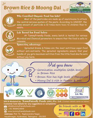 Tummy Friendly Foods Certified 100% Organic Sprouted Brown Rice, Moong Dal Porridge Mix |Excellent Weight Gain Baby Food|Made of Sprouted Whole Grain Brown Rice | 200g Cereal (200 g)