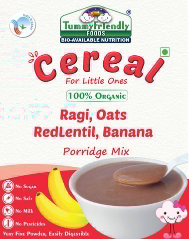 Tummy Friendly Foods Certified 100% Organic Sprouted Ragi, Oats, Red Lentil, Banana Porridge Mix , Made of Sprouted Whole Grain Ragi, Oats , Rich in Calcium, Iron, Fibre & Micro-Nutrients ,200g Each, 2Packs Cereal (400 g, Pack of 2)