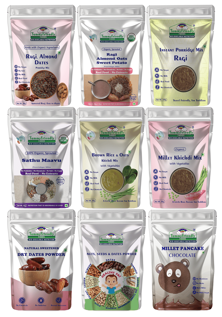 Tummy Friendly Foods CertifiedOrganic Baby Food For Toddlers 1+ Year, Dry Fruits Powder for Baby Kids Cereal (500 g, Pack of 9, 12+ Months)