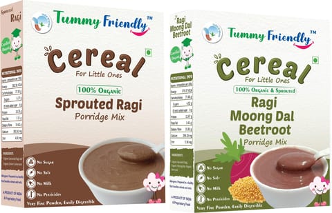 TummyFriendly Foods USDA Certified Organic Sprouted Ragi and 100% Organic Sprouted Ragi, MoongDal, Beetroot Porridge Mixes , Made of Organic Sprouted Ragi for Baby, Rich in Calcium, Iron, Protein, Fibre & Micro-Nutrients ,200g Each, 2 Packs