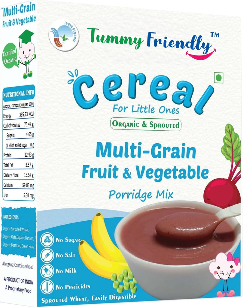 TummyFriendly Foods Certified USDA Organic Sprouted Multi Grain Fruit Vegetable (Sprouted Wheat, Oats, Banana, Beetroot, Green Peas) Porridge Mix | Organic Baby Food For 8 Months Old | Made of Sprouted Whole Wheat | 200g