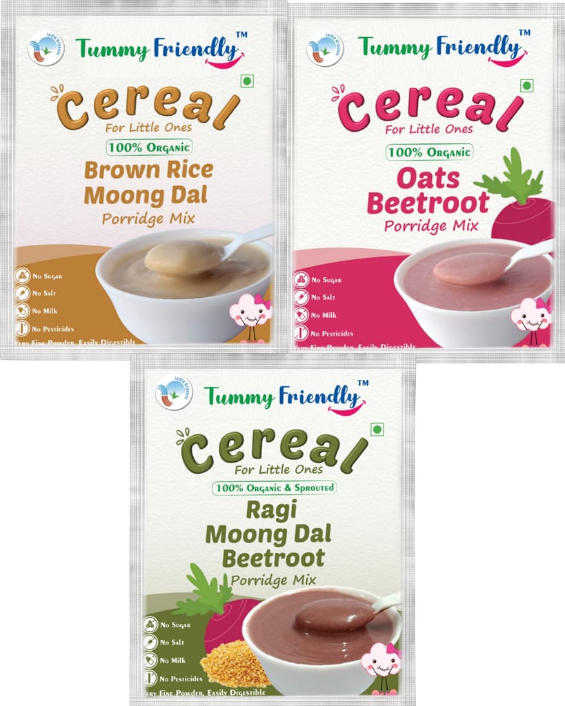 TummyFriendly Foods Certified USDA Organic Stage2 Sprouted Porridge Mixes Trial Packs | Organic Baby Food for 6 Months Old | Sprouted Ragi, Sprouted Brown Rice, Oats, Dal & Vegetable | 50g Each,