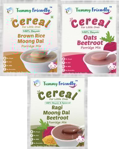 TummyFriendly Foods Certified USDA Organic Stage2 Sprouted Porridge Mixes Trial Packs | Organic Baby Food for 6 Months Old | Sprouted Ragi, Sprouted Brown Rice, Oats, Dal & Vegetable | 50g Each,