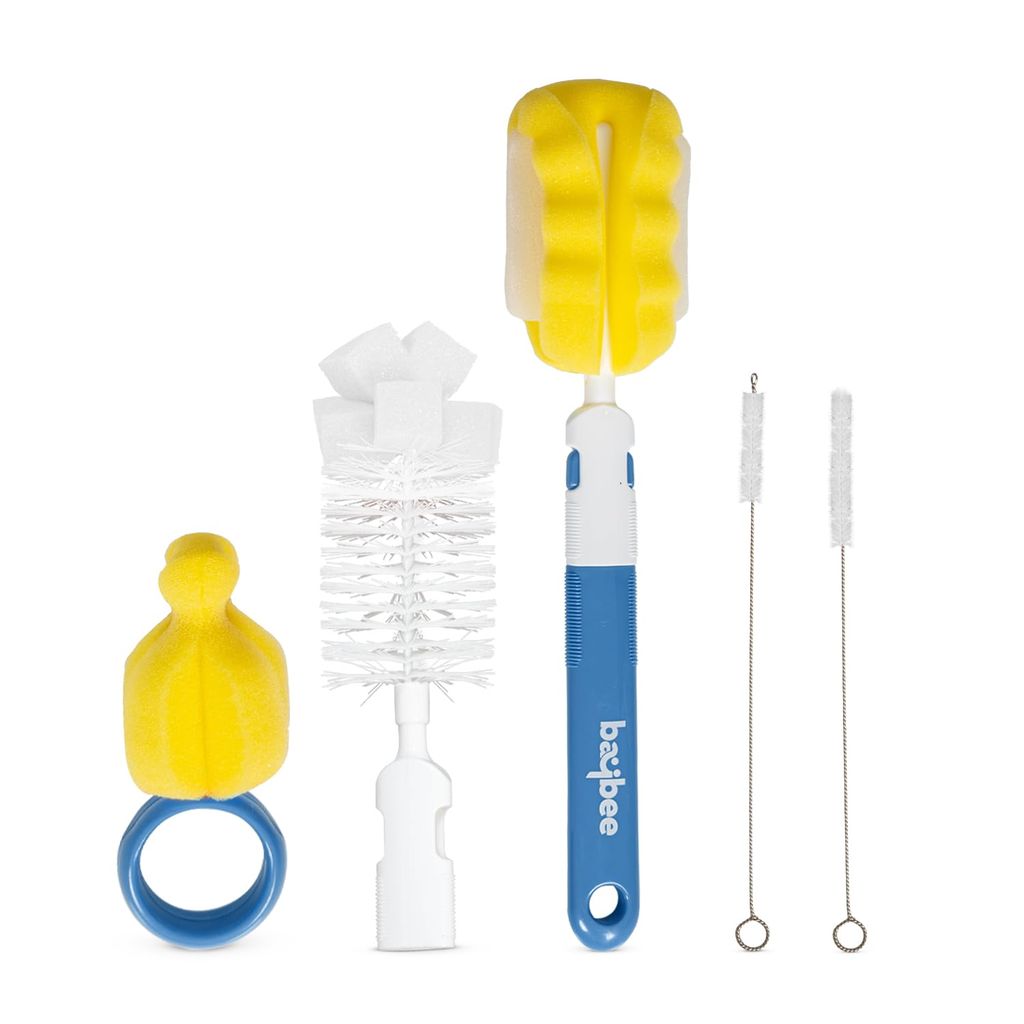 BAYBEE 4 in 1 Nylon Bristles Baby Feeding Bottles & Nipple Cleaning Brush Easy Grip 360° Rotating Long Handle for Easy to Clean Bottle Neck & Corners for All Mugs & Cups (Blue)