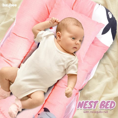 Baybee Cotton Baby Bedding Set For New Born Baby,Bed Mattress With Mosquito Net&Neck Throw Pillow,Sleeping Nest Travel Bed For Baby,Bed Set Gifts For Baby Boy Girl 0-6 Months (Orange),100 TC