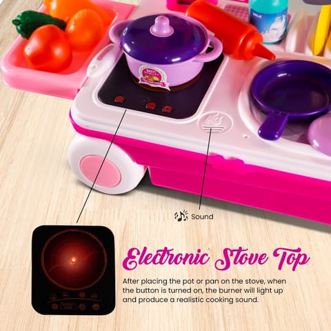 Baybee Pretend Play Kitchen Set for Kids, Little Chef Kids Big Cooking playset with Accessories Pots, Food Toys with Adorable Portable Trolley Light & Sound Birthday Gift for 1+ Years Kid (Pink)