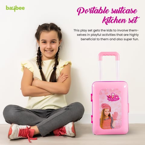 Baybee Pretend Play Kitchen Set for Kids, Little Chef Kids Big Cooking playset with Accessories Pots, Food Toys with Adorable Portable Trolley Light & Sound Birthday Gift for 1+ Years Kid (Pink)