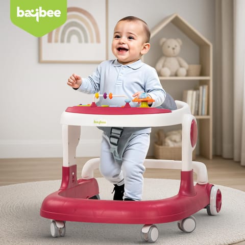 Baybee 2 in 1 Baby Walker for Kids with Adjustable Height & Wheel Lock | Activity Push Walker for Baby with Musical Toy Bar & Stopper | Kids Walker Baby 6-18 Months Boy Girl (Pink)