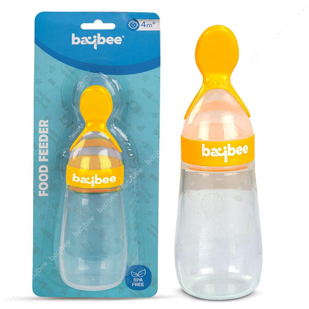 Baybee Silicone Food Feeder, Anti-Colic & BPA Free Squeeze Feeder Bottle with Spoon for Semi-Solid Food for Infants | Baby Squeeze Food Feeder for Baby 3+ Months (Yellow)