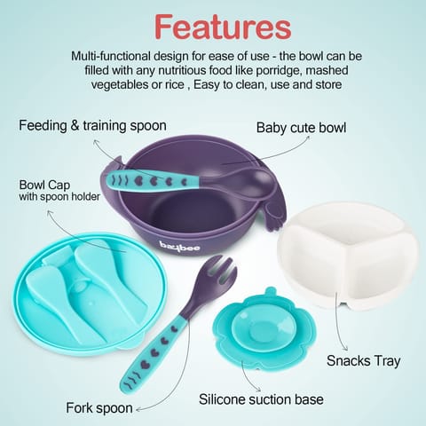 Baybee Baby Feeding Bowl with Lid, Spoon & Fork Set, for Baby Feeding, Baby Tableware Set Soft First Stage Feeding Baby Bowls Spoon Set | Baby Bowl & Spoon Set for Baby Kids (BLUE)