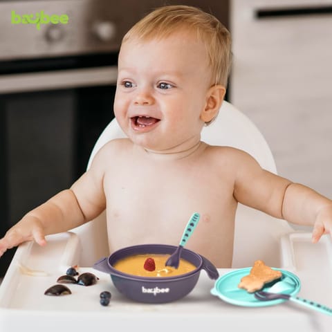 Baybee Baby Feeding Bowl with Lid, Spoon & Fork Set, for Baby Feeding, Baby Tableware Set Soft First Stage Feeding Baby Bowls Spoon Set | Baby Bowl & Spoon Set for Baby Kids (BLUE)