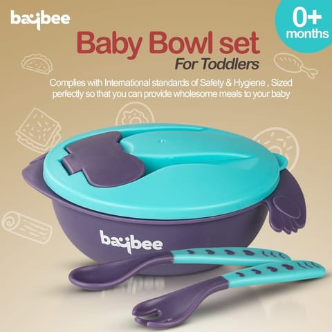 Baybee Baby Feeding Bowl with Lid, Spoon & Fork Set, for Baby Feeding, Baby Tableware Set Soft First Stage Feeding Baby Bowls Spoon Set | Baby Bowl & Spoon Set for Baby Kids (BLUE)
