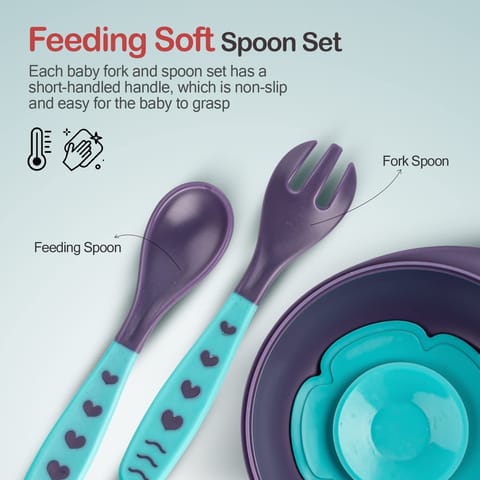 Baybee Baby Feeding Bowl with Lid, Spoon & Fork Set, for Baby Feeding, Baby Tableware Set Soft First Stage Feeding Baby Bowls Spoon Set | Baby Bowl & Spoon Set for Baby Kids (BLUE)