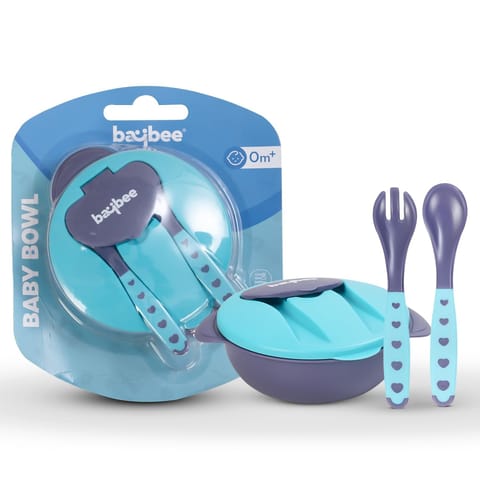 Baybee Baby Feeding Bowl with Lid, Spoon & Fork Set, for Baby Feeding, Baby Tableware Set Soft First Stage Feeding Baby Bowls Spoon Set | Baby Bowl & Spoon Set for Baby Kids (BLUE)