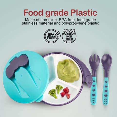 Baybee Baby Feeding Bowl with Lid, Spoon & Fork Set, for Baby Feeding, Baby Tableware Set Soft First Stage Feeding Baby Bowls Spoon Set | Baby Bowl & Spoon Set for Baby Kids (BLUE)