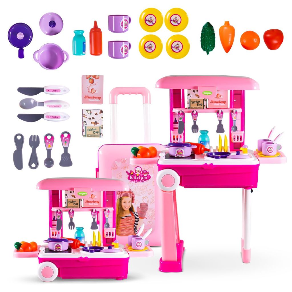 Baybee Pretend Play Kitchen Set for Kids, Little Chef Kids Big Cooking playset with Accessories Pots, Food Toys with Adorable Portable Trolley Light & Sound Birthday Gift for 1+ Years Kid (Pink)