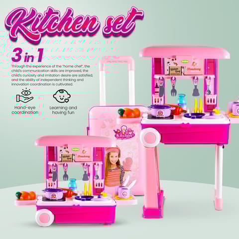 Baybee Pretend Play Kitchen Set for Kids, Little Chef Kids Big Cooking playset with Accessories Pots, Food Toys with Adorable Portable Trolley Light & Sound Birthday Gift for 1+ Years Kid (Pink)