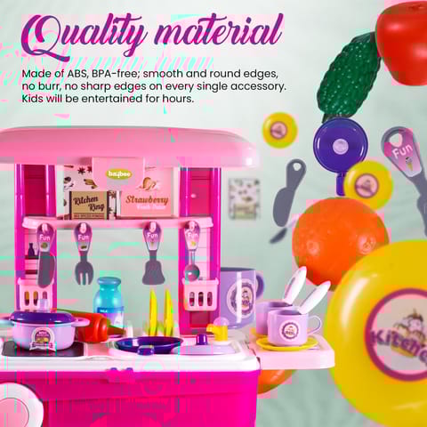 Baybee Pretend Play Kitchen Set for Kids, Little Chef Kids Big Cooking playset with Accessories Pots, Food Toys with Adorable Portable Trolley Light & Sound Birthday Gift for 1+ Years Kid (Pink)