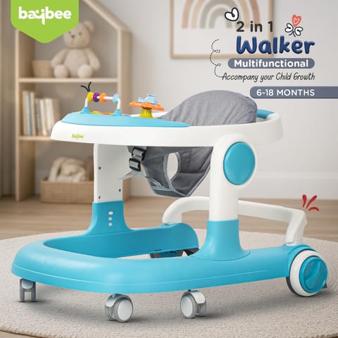 Baybee 2 in 1 Baby Walker for Kids with Adjustable Height & Wheel Lock | Activity Push Walker for Baby with Musical Toy Bar & Stopper | Kids Walker Baby 6-18 Months Boy Girl (Blue)