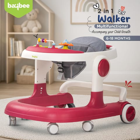 Baybee 2 in 1 Baby Walker for Kids with Adjustable Height & Wheel Lock | Activity Push Walker for Baby with Musical Toy Bar & Stopper | Kids Walker Baby 6-18 Months Boy Girl (Pink)