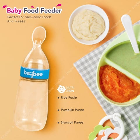 Baybee Silicone Food Feeder, Anti-Colic & BPA Free Squeeze Feeder Bottle with Spoon for Semi-Solid Food for Infants | Baby Squeeze Food Feeder for Baby 3+ Months (Blue)