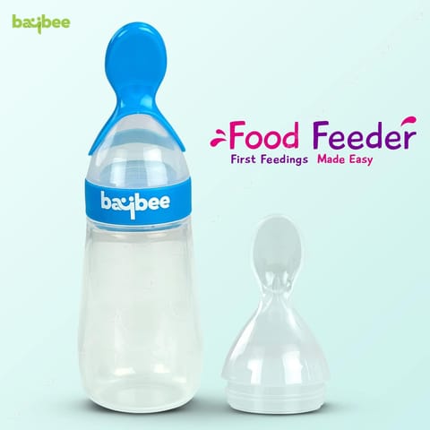 Baybee Silicone Food Feeder, Anti-Colic & BPA Free Squeeze Feeder Bottle with Spoon for Semi-Solid Food for Infants | Baby Squeeze Food Feeder for Baby 3+ Months (Blue)