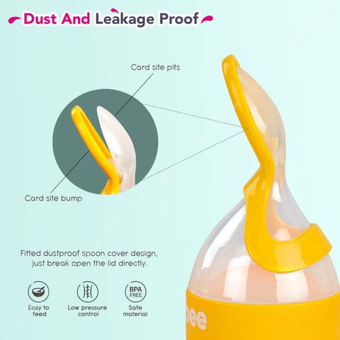 Baybee Silicone Food Feeder, Anti-Colic & BPA Free Squeeze Feeder Bottle with Spoon for Semi-Solid Food for Infants | Baby Squeeze Food Feeder for Baby 3+ Months (Yellow)