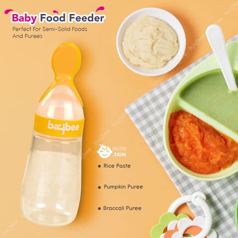 Baybee Silicone Food Feeder, Anti-Colic & BPA Free Squeeze Feeder Bottle with Spoon for Semi-Solid Food for Infants | Baby Squeeze Food Feeder for Baby 3+ Months (Yellow)