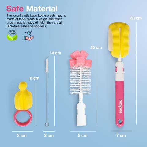 BAYBEE 4 in 1 Nylon Bristles Baby Feeding Bottles & Nipple Cleaning Brush Easy Grip 360° Rotating Long Handle for Easy to Clean Bottle Neck & Corners for All Mugs & Cups (Pink)