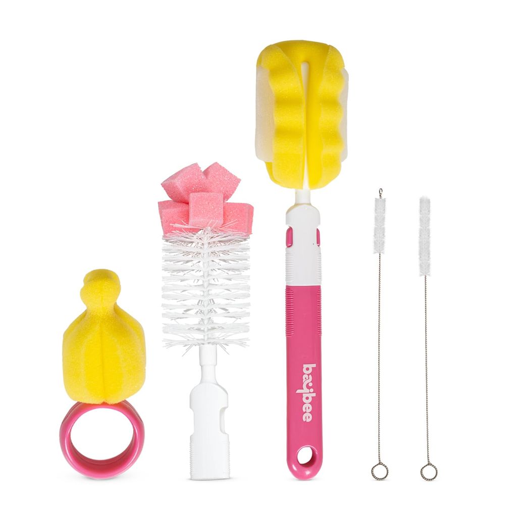 BAYBEE 4 in 1 Nylon Bristles Baby Feeding Bottles & Nipple Cleaning Brush Easy Grip 360° Rotating Long Handle for Easy to Clean Bottle Neck & Corners for All Mugs & Cups (Pink)
