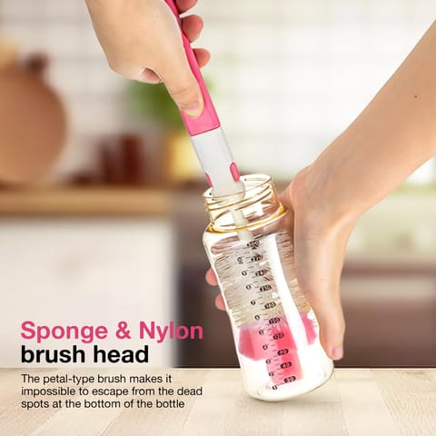 BAYBEE 4 in 1 Nylon Bristles Baby Feeding Bottles & Nipple Cleaning Brush Easy Grip 360° Rotating Long Handle for Easy to Clean Bottle Neck & Corners for All Mugs & Cups (Pink)