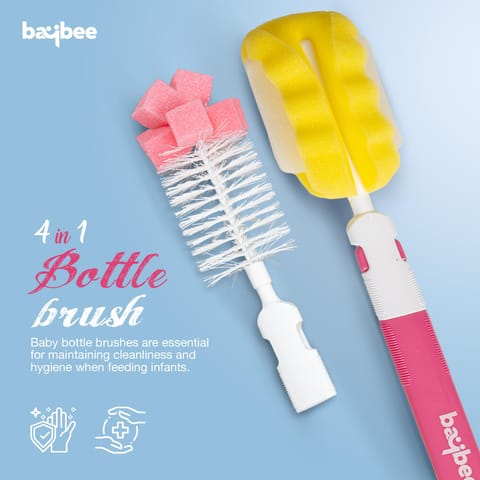 BAYBEE 4 in 1 Nylon Bristles Baby Feeding Bottles & Nipple Cleaning Brush Easy Grip 360° Rotating Long Handle for Easy to Clean Bottle Neck & Corners for All Mugs & Cups (Pink)